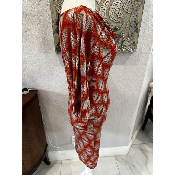 BCBG Kesi Sheer Red & White Geometric Pattern One Shoulder Dress  Size S - Picture 5 of 10